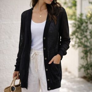 Vince Black Linen Long Cardigan Sweater Medium quiet luxury lightweight knit